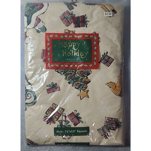 Vintage Christmas Tablecloth. 52" x52' Santa, presents, Reindeer and ornaments - Picture 1 of 3